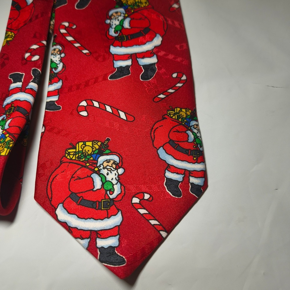 Hallmark Yule Tie Greetings Mens Red Santa Claus Candy Cane Christmas Necktie